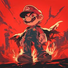 an image of mario in front of a red background