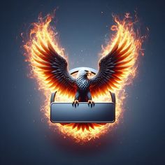 a bird with wings on top of a sign surrounded by fire