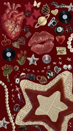 a red background with many different items on top of it, including an open star