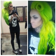 Neon green rockabilly hair Neon Green Hair, Easy Hairdos, Goth Scene, Neon Hair, Rockabilly Hair, Hippie Hair, Rockabilly Fashion, Full Metal