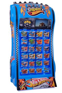 a blue toy vending machine with hot wheels on it