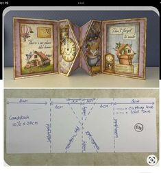 an open book with pictures and instructions on the pages, next to a drawing of a pocket watch