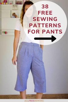 a woman standing in front of a white wall with the words 3 free sewing patterns for pants