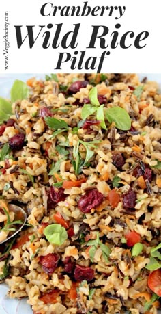 cranberry wild rice salad on a white plate with text overlay that reads, cranberry wild rice platter