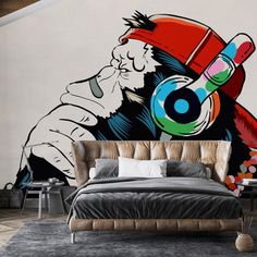 Gorilla Musican Wallpaper mural interior decor Musician Wallpaper, Urban Wallpaper, Urban Mural, Cool Monkey, Wall Murals Painted, Animal Mural, Graffiti Wallpaper