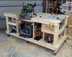 a workbench with tools on it in a garage