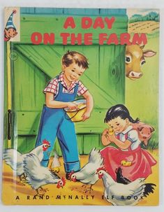 a children's book with an image of a boy feeding chickens on the farm