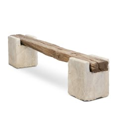 a wooden bench made out of concrete blocks on a white background with no people around it