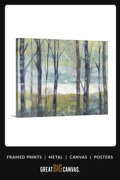 a painting of some trees and water in the background with text that reads framed prints metal canvass posters great big canvass