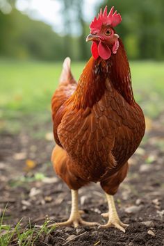 a brown chicken standing on top of a dirt field next to green grass and trees