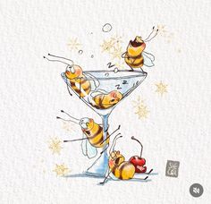 three bees are sitting on the rim of a martini glass with cherries in it