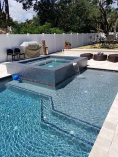 an outdoor swimming pool in the middle of a backyard