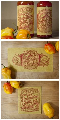 three different images of peppers and sauces on the table with labels for hot sauce