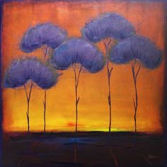 a painting of purple trees against an orange sky