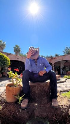 a man sitting on top of a tree stump wearing a cowboy hat and blue shirt