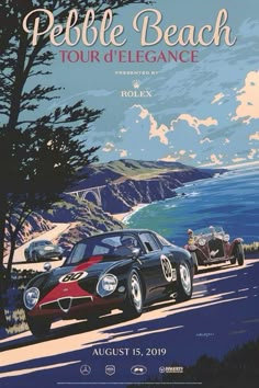 an advertisement for the pebble beach tour de elegance, featuring two vintage sports cars