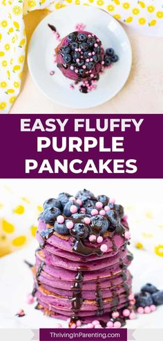 purple pancakes with blueberries and sprinkles are stacked on top of each other