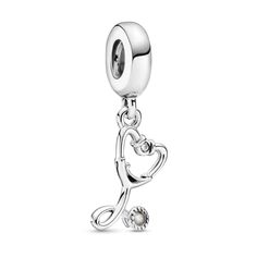 Celebrate hardworking medical professionals with the Stethoscope Heart Dangle Charm. A stethoscope twisted into a heart shape, this piece is hand-finished in sterling silver. One bezel-set cubic zirconia appears at the top of the charm, while small beads feature around the edge of the hollowed-out chest piece for added detailing. Ideal for someone who has a lot of heart, this piece would make a great addition to any Pandora Moments bracelet. Stethoscope Heart, Stethoscope Charms, Charms Pandora, Bracelet Pandora, Small Beads, Chest Piece, Pandora Bracelet Charms, Dangle Charms, Pandora Bracelet