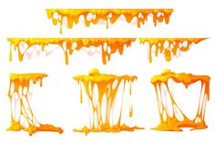 orange liquid flowing down the side of each other on a white background in different stages