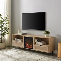 a living room with a television and fireplace