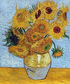 a painting of sunflowers in a vase on a table