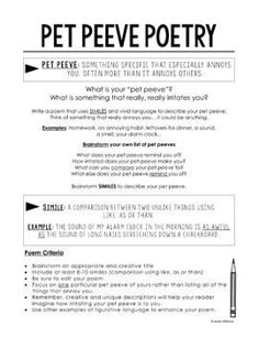 the pet peeve poetry worksheet is shown in black and white with an arrow pointing