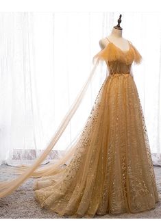 Champagne Tulle Lace V-neckline Beaded Unique Floor Length Party Dress – BeautyDressy Goddess Gold Dress, Sun Themed Dress, Gold Fantasy Dress, Gold Dress Long Classy, Gold Dress Formal, Black And Gold Prom Dress, Court Aesthetic, Royalty Dr, Orange Dress Wedding