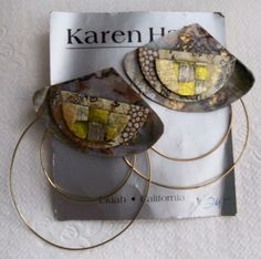 Vintage new old stock Handcrafted One-of-a-kind Pierced Earrings by California artist  Karen Hale on original card Decades old, but new & unused. Wearable unique art for your ears. Large artistic earrings hand crafted of  wire and paper with metallic accents. Based in Ukiah, CA back in the day  & creating jewelry, Karen Hale now  is a painter residing in Jackson, CA. . Back of display card states: " This art-to-wear jewelry is a light-   weight, layered, hand-made paper   collage.                                             Each design by Karen Hale offers the collector a rich, colorful and  dimensional piece of expressive personal adornment." Artistic Earrings, Fiber Art Jewelry, Unique Handmade Earrings, Handmade Jewelry Earrings, Fiber Jewelry, Art Earrings, Handcrafted Art, Fall Earrings, Handcrafted Artisan Jewelry