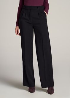 American-Tall-Women-Pleated-Dress-Pants-Black-front Black Womens Dress Pants, Fall Business Casual Wide-leg Dress Pants, Chic Black Semi-formal Pants, Formal Wide Leg Pants For Fall, Chic Fall Bottoms With Pleated Waist, Chic Bottoms With Pleated Waist For Fall, Fitted Ankle-length Pants With Pleated Waist, Chic Semi-formal Full-length Pants, Chic Semi-formal Full Length Pants