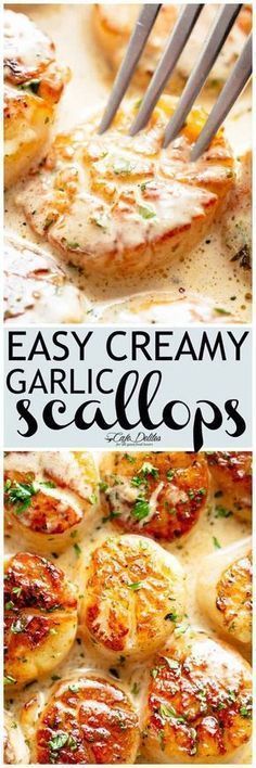 an easy creamy garlic scallops recipe is shown with the title above it