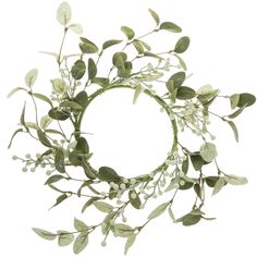 a wreath with green leaves and white flowers