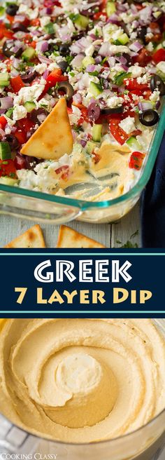 an image of a layered greek dip in a casserole dish with tortilla chips