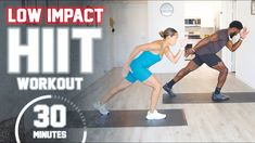 a man and woman doing squats on mats in a kitchen with the words low impact hit workout 30 minutes