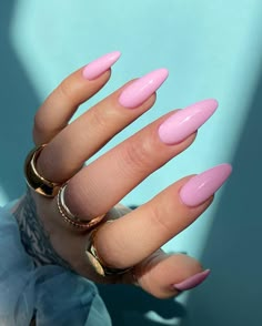 Double Pink Nails, Light Pink Pointy Almond Nails, Pink Nails One Color, Cool Tone Pink Nails, Long Almond Nails Pink, All Pink Nails, Baby Pink Almond Nails, Pink Almond Acrylic, Pink Almond Acrylic Nails