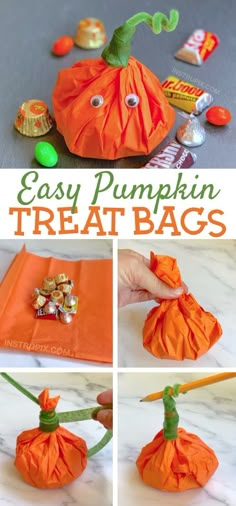 an easy pumpkin treat bag made out of orange paper