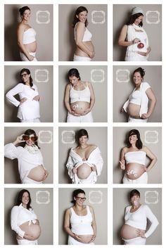 a series of photos showing pregnant women in white outfits with their hands on their bellys