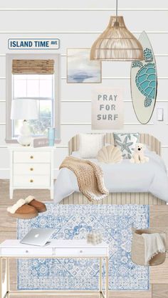 a bedroom with blue and white decor, including a surfboard hanging above the bed