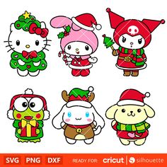 hello kitty christmas clipart set with cute animals and santa hats on it's head