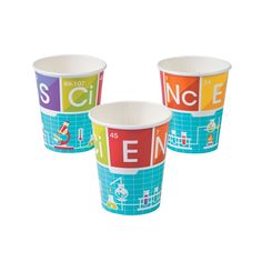 three cups with different colored designs on them