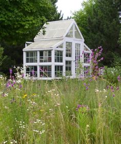 a small white house sitting in the middle of a field with tall grass and wildflowers