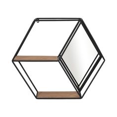 a metal and wood shelf with two mirrors on each side, one in the shape of a hexagon