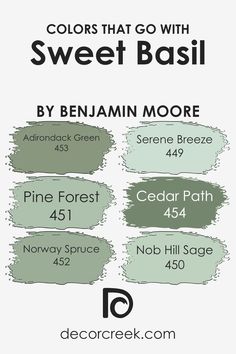 Colors that Go With Sweet Basil 455 by Benjamin Moore Norway Spruce, Trim Colors, Green Paint Colors, Sweet Basil, Pine Forest, Green Paint, Coordinating Colors, Benjamin Moore, Sherwin Williams