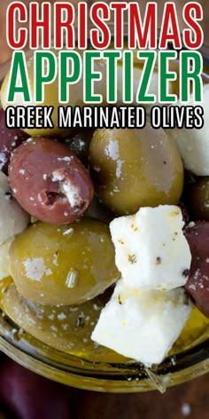 christmas appetizer greek marinated olives and feta cheese in a glass bowl