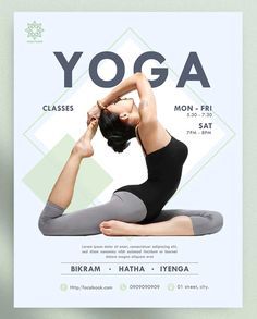 a woman doing yoga in front of a poster