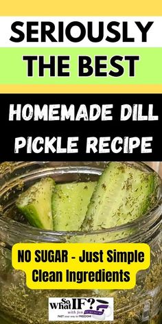 homemade dill pickle recipe in a jar with the title seriously the best homemade dill pickle recipe no sugar just simple clean ingredients