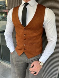 Rick Slim Fit Plaid Camel Vest | BOJONI Brown Vest Men, Groomsmen Vest, Groom Vest, Wedding Vest, Plaid Vest, Wool Vest, Camel Coat, Suit Fabric, Vest Fashion