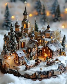 a small christmas village with lights and trees