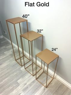 three tables are shown with the measurements for each side and one has a flat gold top