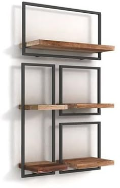 an open shelf with wooden shelves and metal brackets on the sides, against a white wall