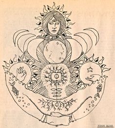 an old drawing of a woman with sun and moon above her head, surrounded by other symbols